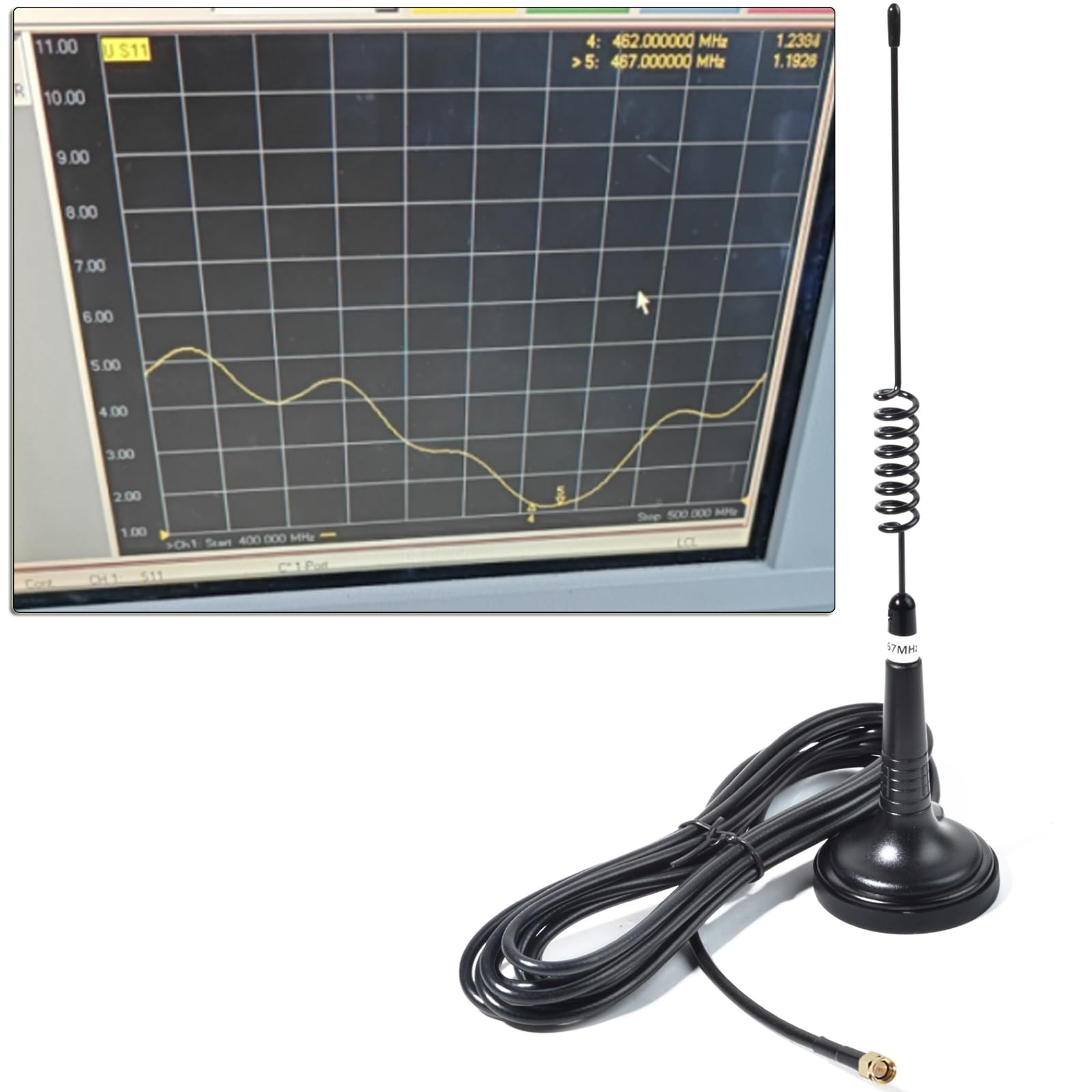 HYS Antena de base de montaje magnético de 460 a 470 MHz con cable de 13 pies con SMA macho, antena GMRS de acero inoxidable de 2.5 pulgadas para radio GMRS de mano o dispositivo móvil Cobra Midland