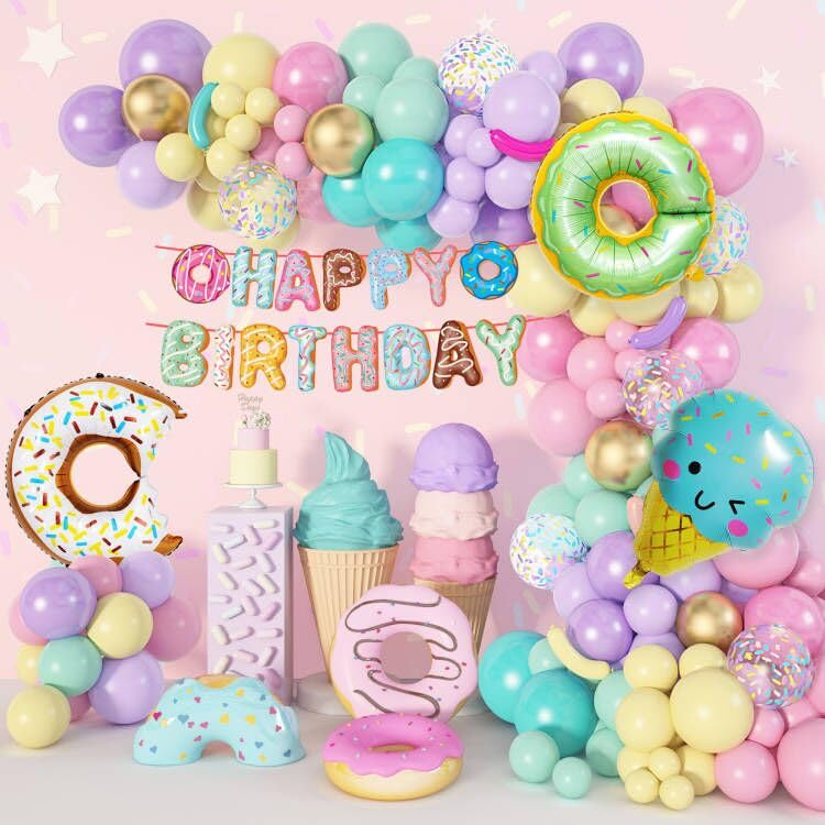 Ouddy Life 148Pcs Donut Balloons Arch Garland Kit, Donut Birthday Party Decorations Two Sweet One Supplies with Happy Birthday Banner Donuts Ice Cream for Girls Grow Up Baby Shower Decor