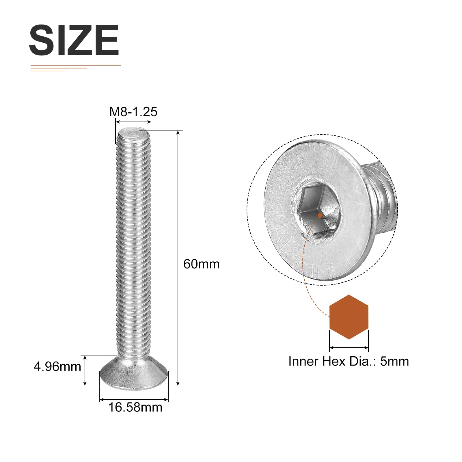 DTGN M8-1.25 x 60mm Flat Head Socket Cap Screws, 10 Pack 304 Stainless Steel Hex Socket Flat Head Screws, Full Thread - Image 2