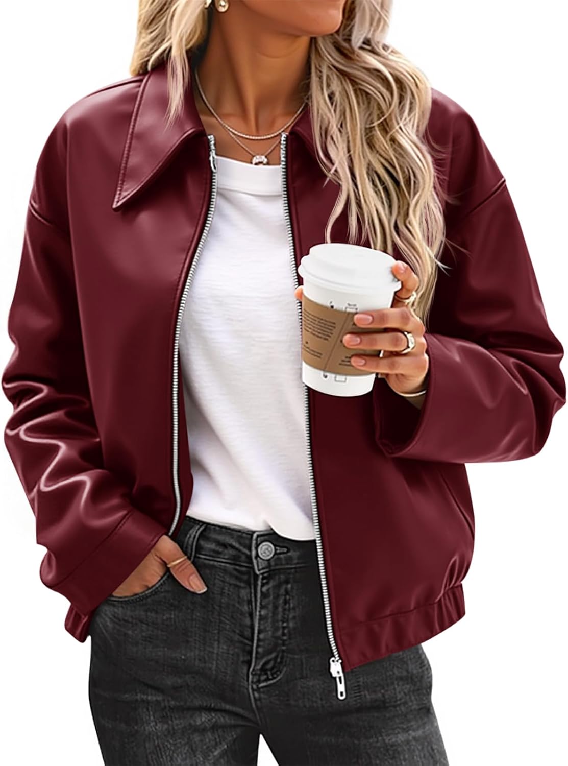 Cicy Bell Womens Faux Leather Bomber Jackets Cropped Motorcycle Casual Coats Fall Trendy Zip Up Outerwear