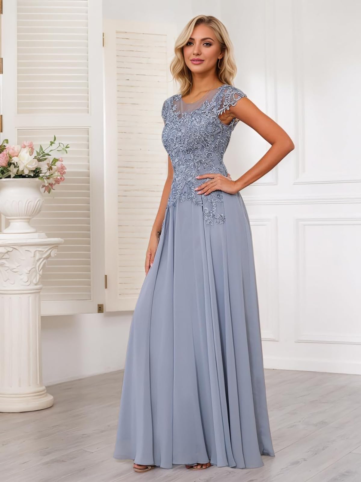 HUINI Damen Brautmutterkleider für Hochzeit Chiffon Rüschen mit Spitzenapplikation und Flügelärmeln Kleid Hochzeitsgast Damen Formell Abendkleider Elegant Für Hochzeit
