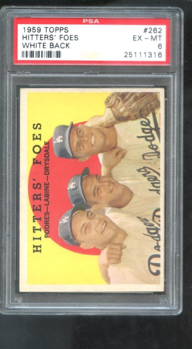 1959 Topps #262 Hitters' Foes Johnny Podres Clem Labine Don Drysdale PSA 6 Card - Slabbed Baseball Cards