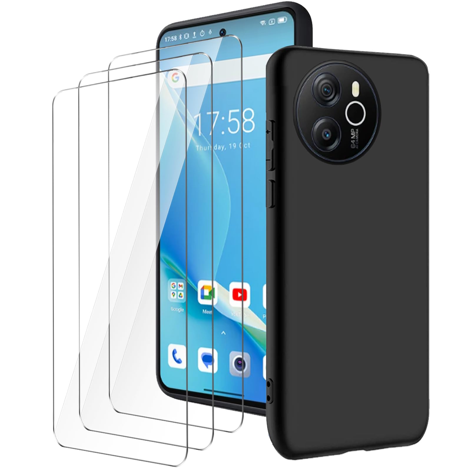 case for Blackview Shark 8(6.78") Black mobile phone case + 3 pieces tempered glass protective film, case soft silicone TPU protective cover 9H hardness HD tempered glass film glass