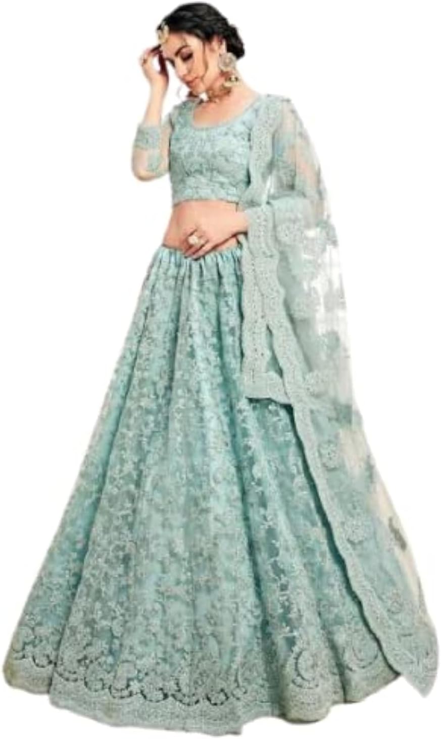 Nir Fashion Women's Net Designer Heavy Embroidered Semi-Stitched Lehenga Choli (Powder Blue, Free Size)