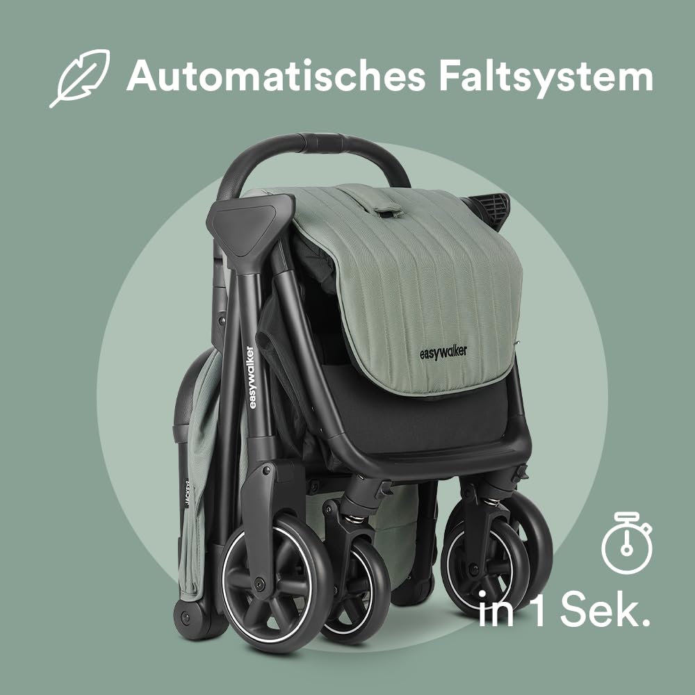 Easywalker Jackey² Buggy 0-22 kg, Reisebuggy, automatisch faltbar (gefaltet 56x44x23 cm), Schiebehöhe verstellbar bis 105 cm, Räder Ø 14 cm – ideal für Stadt & glatte Wege – Agave Grün