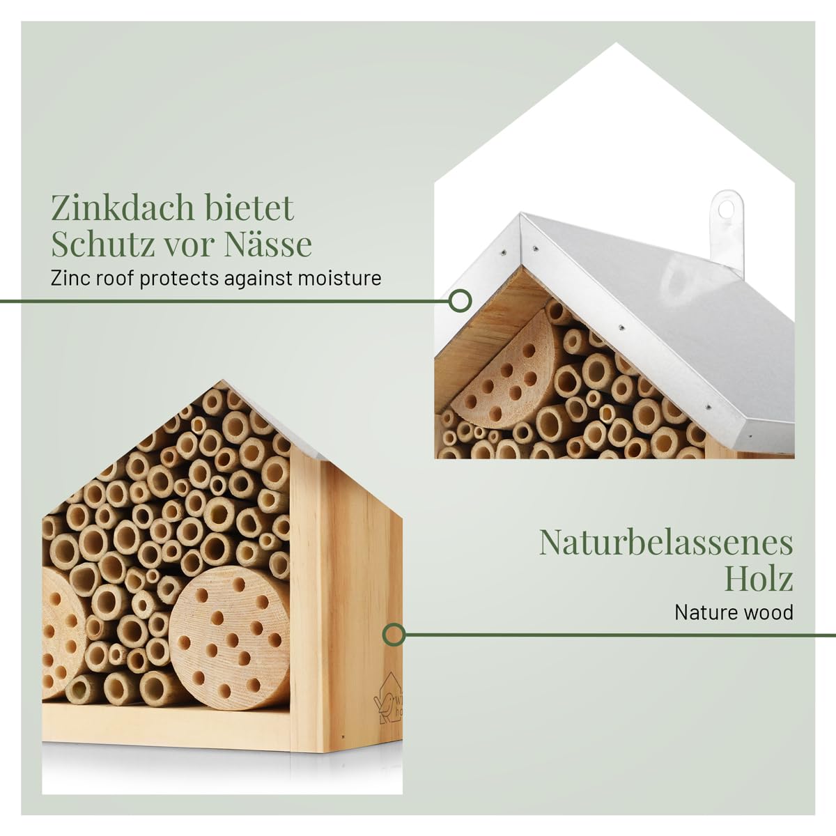 WILDLIFE HOME Hotel de abejas con techo de metal, hotel de insectos de abejas silvestres, ya montado de madera de pino y 100% resistente a la intemperie, sin tratar, hotel de insectos, ayuda para
