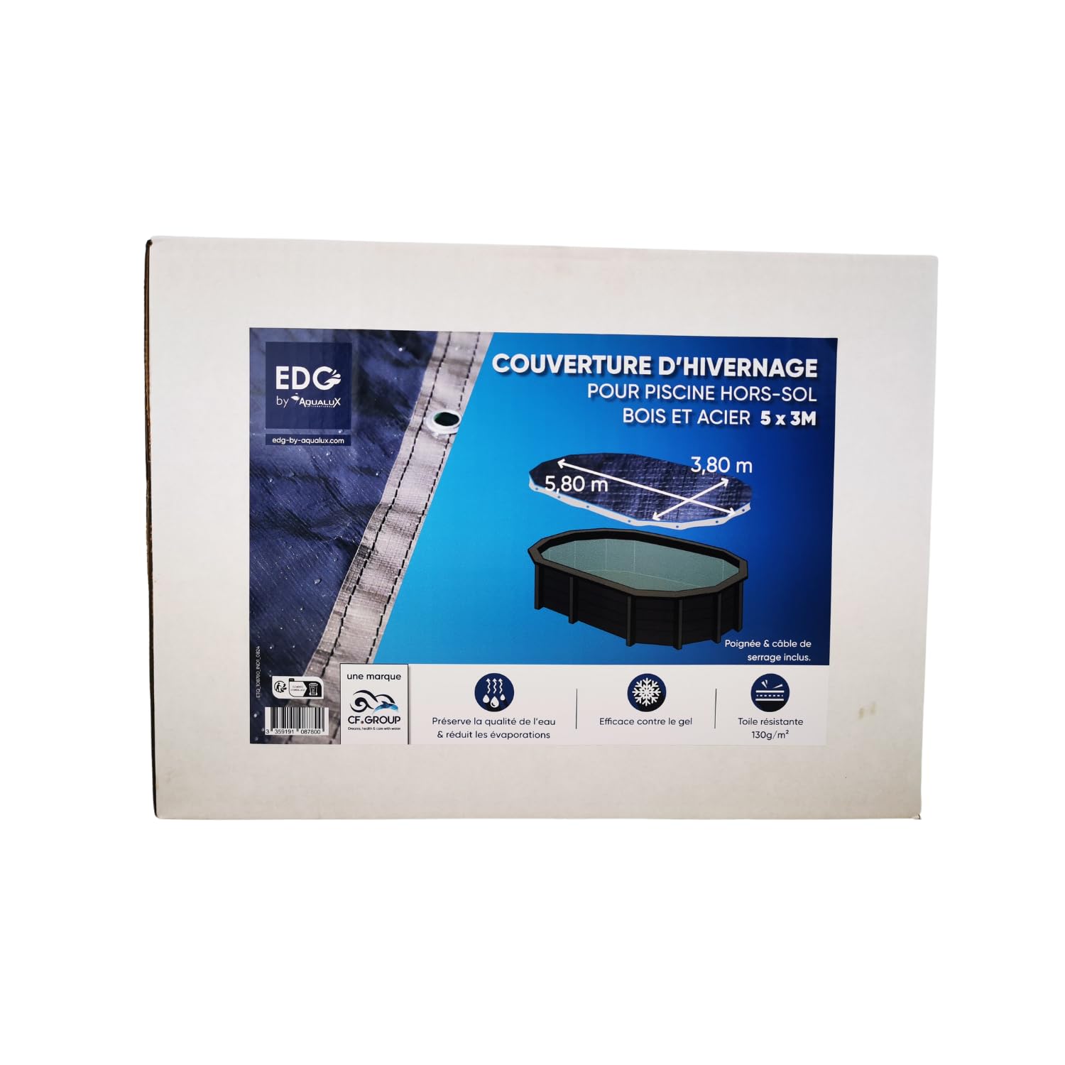 EDG by AQUALUX International - Bache Piscine Hivernage pour Piscine 500 x 300 cm - Forme Ovale - 130 g/m² - Coloris Gris Silver Bleu
