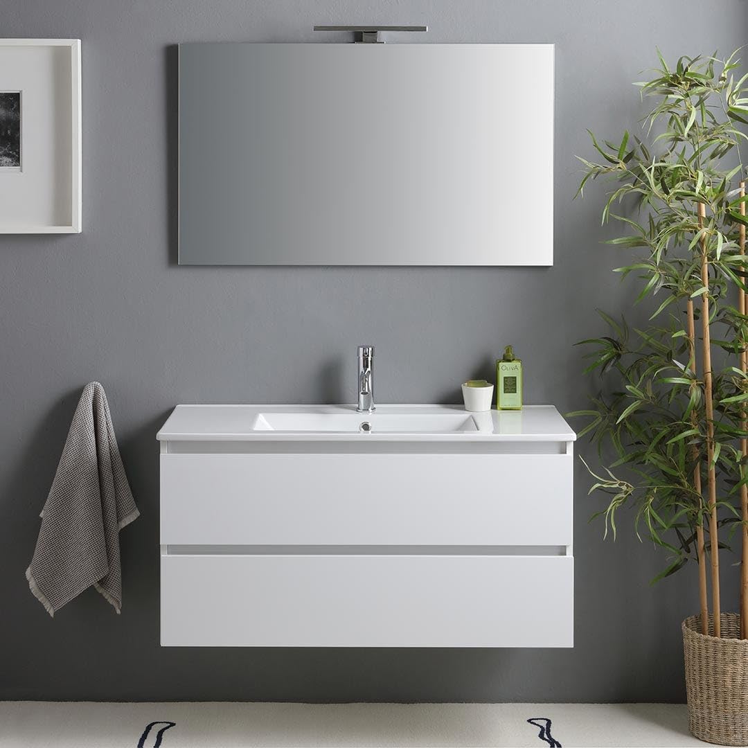 Kiamami Valentina - Mobile Bagno Con Cassetti 100Cm Bianco Lucido, Lavabo E Specchio Con Lampada | Benaco