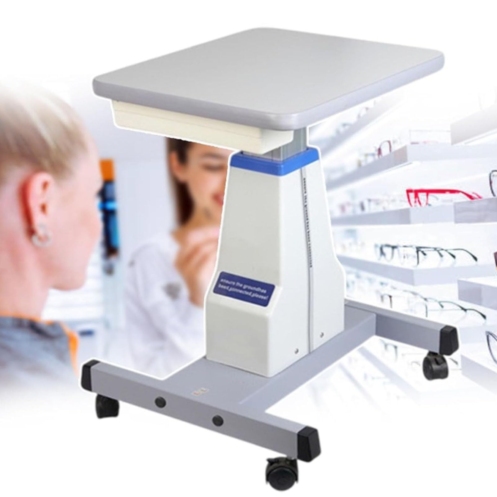 Tavolo elettrico per strumenti ottici, carrello medico regolabile in altezza con cassetto per occhiali, sollevatore motorizzato per clinica odontoiatrica optometria, bianco