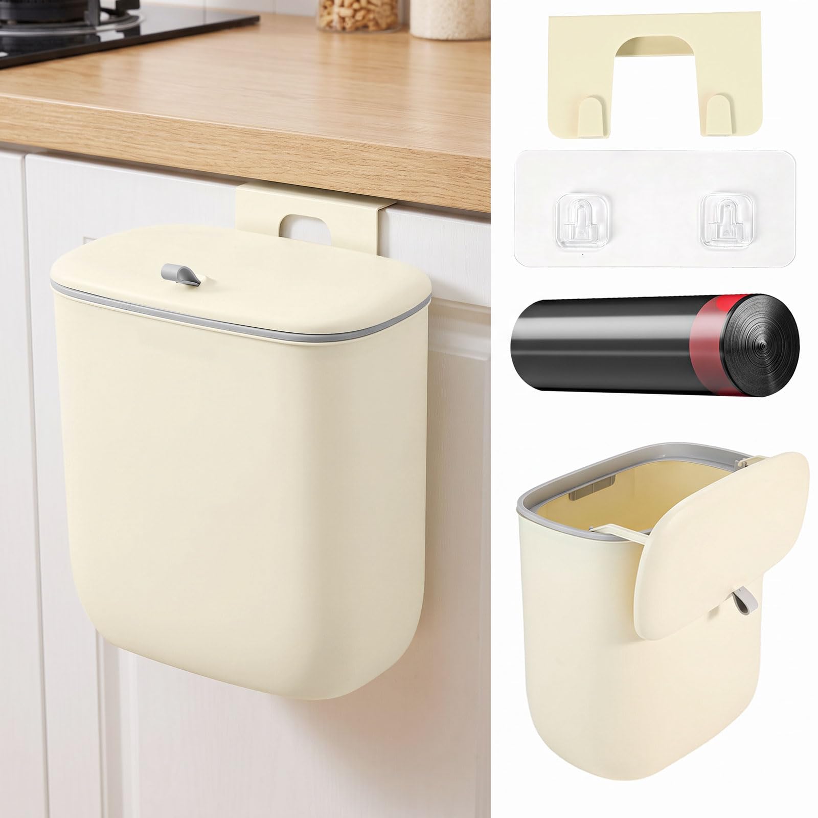 12 Litre Hanging Trash Bin with Lid - Kitchen Cupboard Door Bin, Wall Mounted Hanging Bin, With 12-Handled Garbage Bags, Rubbish Bin for Under Cupboard, for Kitchen Bathroom Office (light Yellow)