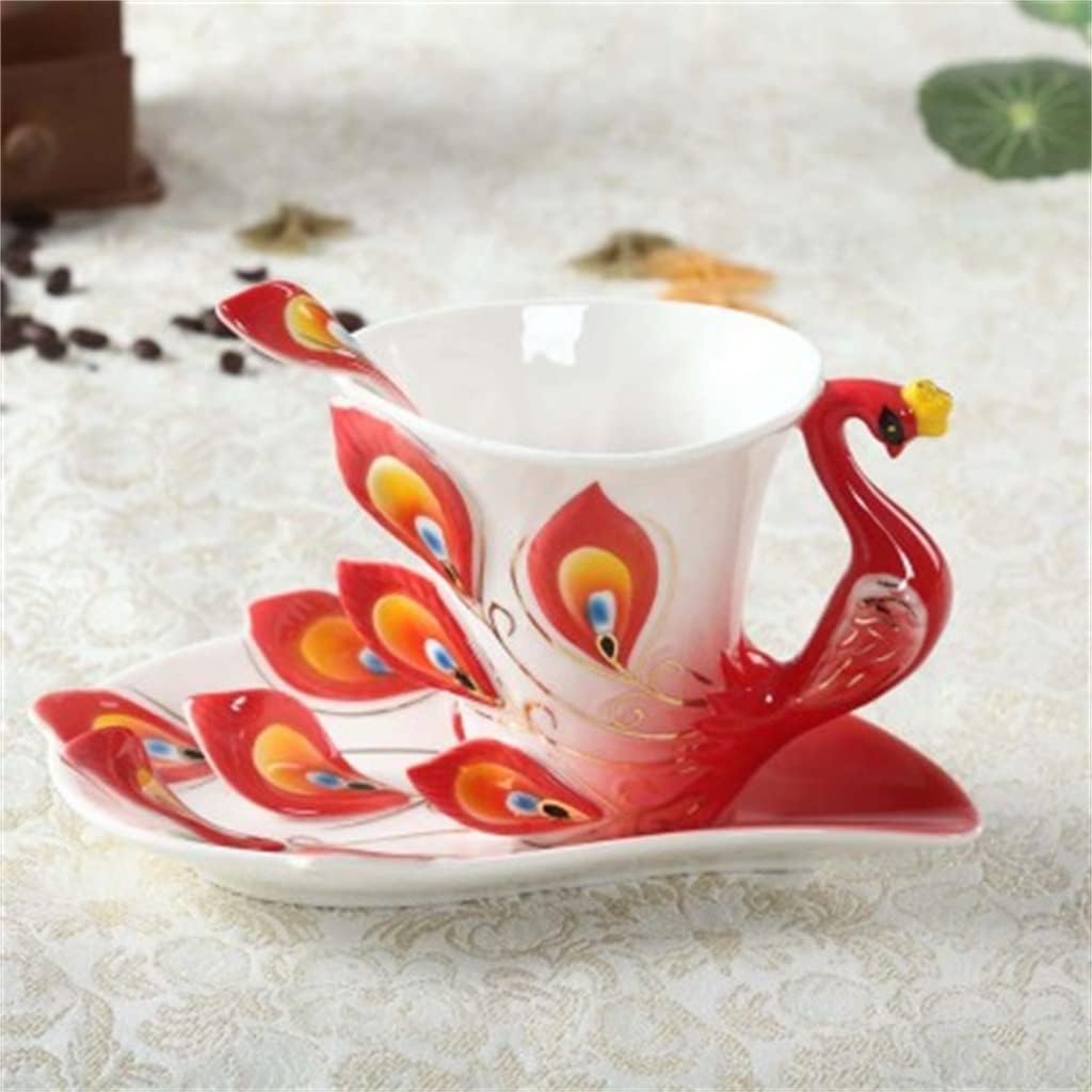 Peacock Teacup With Saucer Spoon Ceramics Tea Cup Thermal Breakfast Coffee Mugs Water Bottle Christmas Brithaday Gift(D)