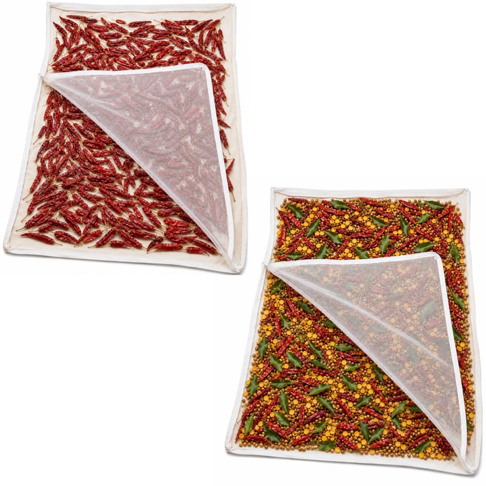 ZEN HOME Multi Purpose Drying Cloth with Protective Net Cover | 100% Cotton for Vadagam, Vathal, Appalam, Millets, Rice & Spices | Dust & Bird Protection | Pack of 2| 75 x 100 cm | Unbleached Cotton drying cloth with net cover-image-20