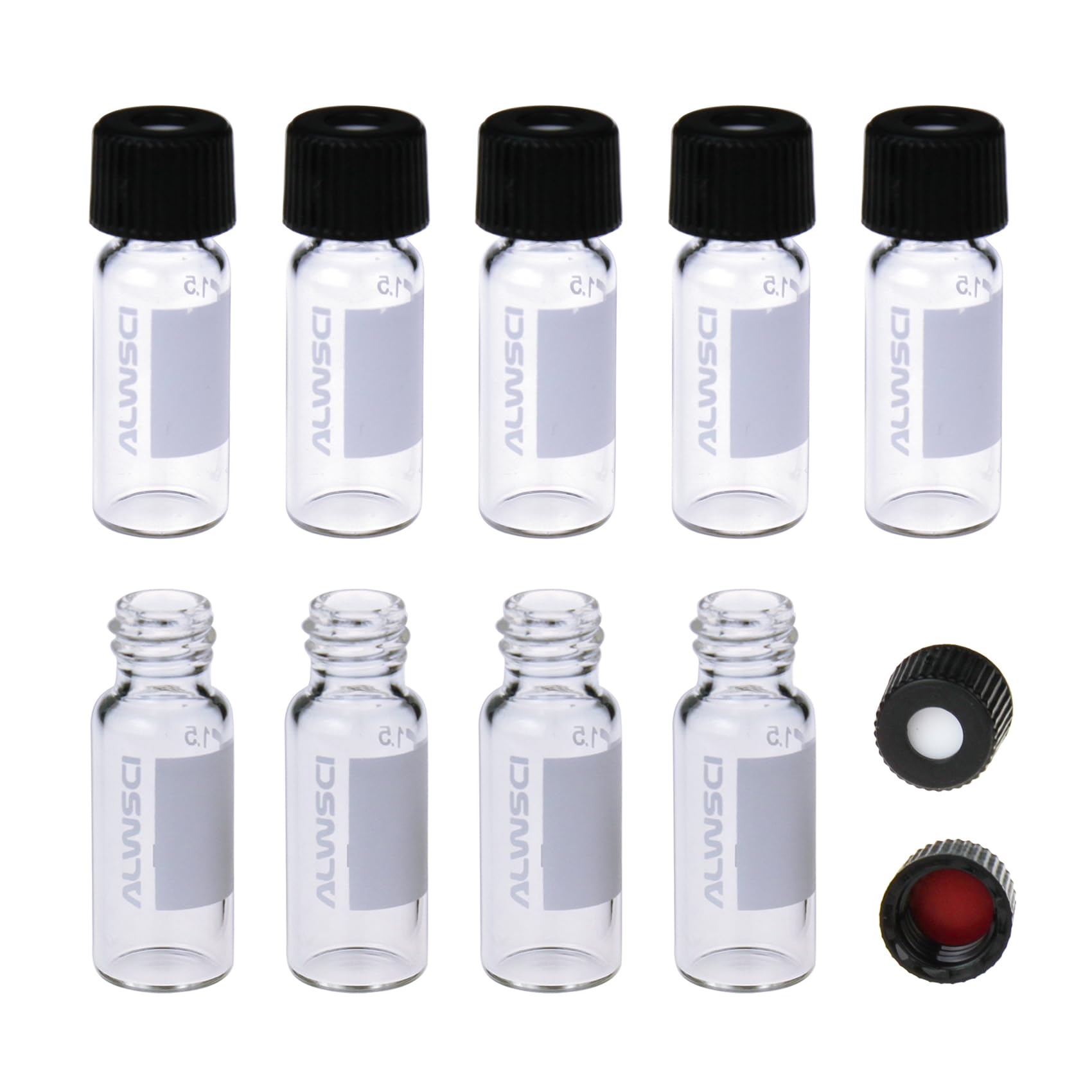 ALWSCI Fiale di Vetro per HPLC da 2 ml, Fiale per Autocampionatore Trasparenti da Laboratorio, Fiala Trasparente 8-425, Tappo a Vite Blu con Foro, Setti in Silicone Rosso PTFE&Bianco, 100 pz.