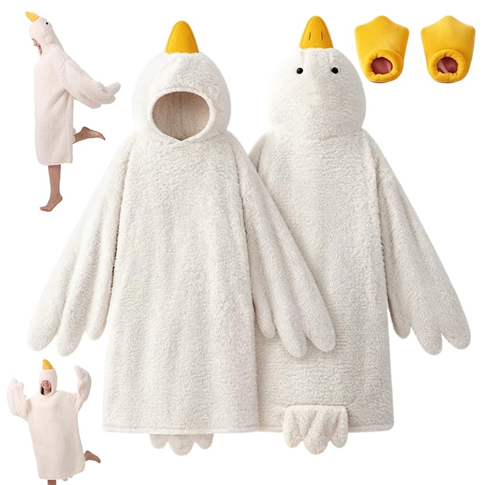 Mbuaopa Goose Blanket Hoodie Onesie, Unisex Wearable Animal Pyjamas with Shoes, Cosplay Funny Duck Warm Costume Set for Adults Winter Party Sleeping Gathering, L