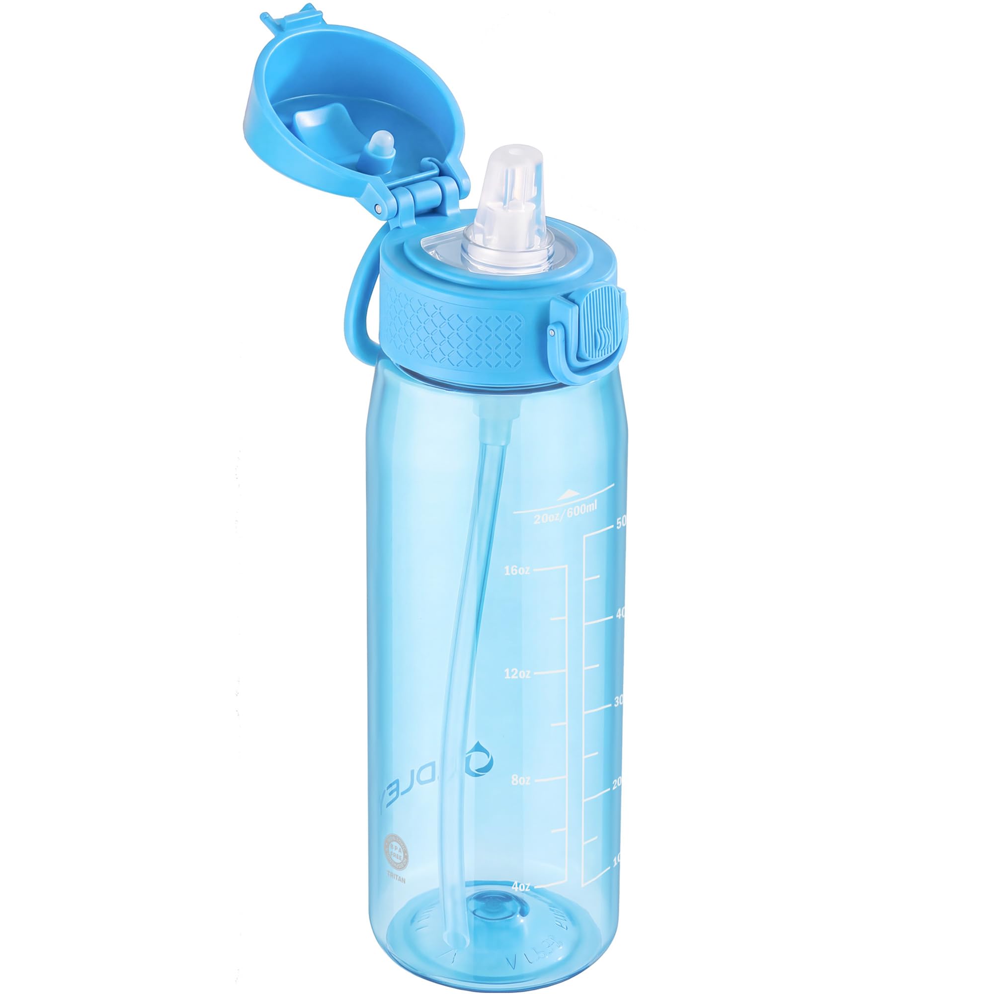 OLDLEY 600ml/20oz Water Bottles with Straw Leakproof Tritan Water Bottle with Handle BPA Free Time Marker Sports Drinking Bottle for School, Travel, Sports (Sky Blue)