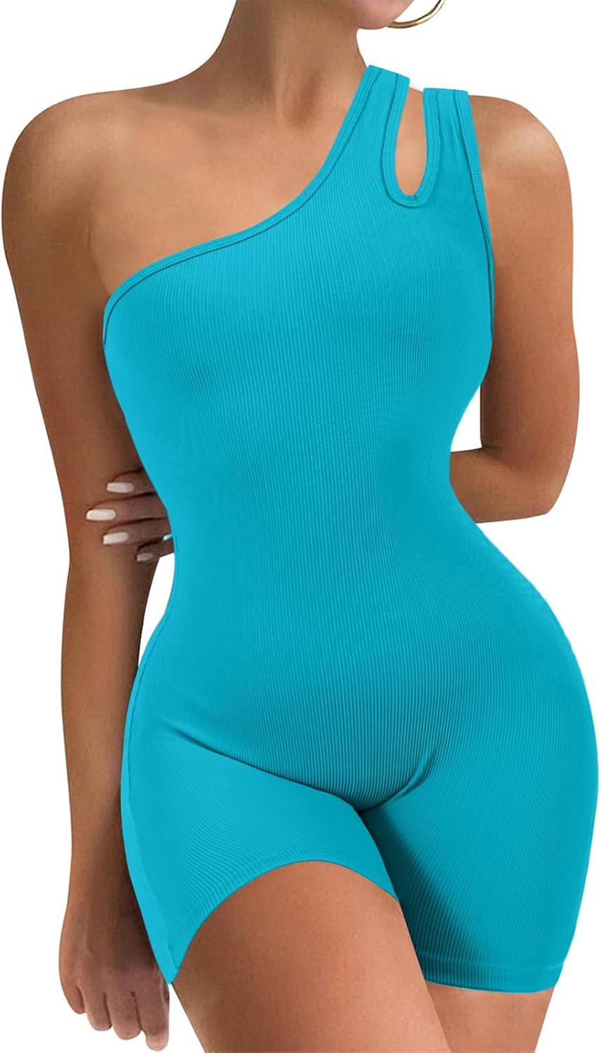 VUTRU Womens Sexy One Piece One Shoulder Two Halters Sleeveless Bodycon Shorts Jumpsuits Bodysuit Ribbed Sports Romper