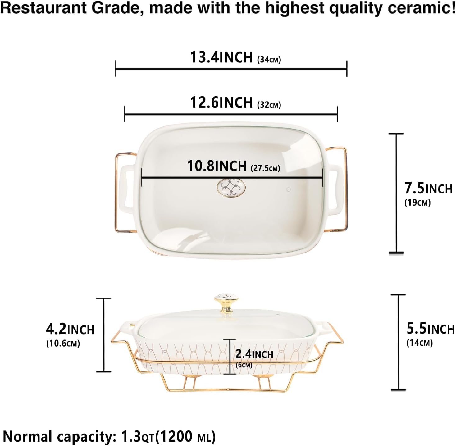 Cacerola Rectangular de Porcelana para Hornear con Tapa de Vidrio y Rejilla, Plato para Calentar Alimentos para bufé, Bandeja para conservar Alimentos, cazuela para Catering para f