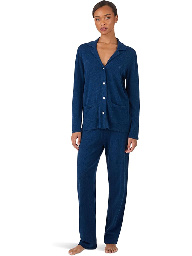 Navy Lauren Ralph Lauren Sweater Knit Long Sleeve Notch Collar Long Pant Pajama Set