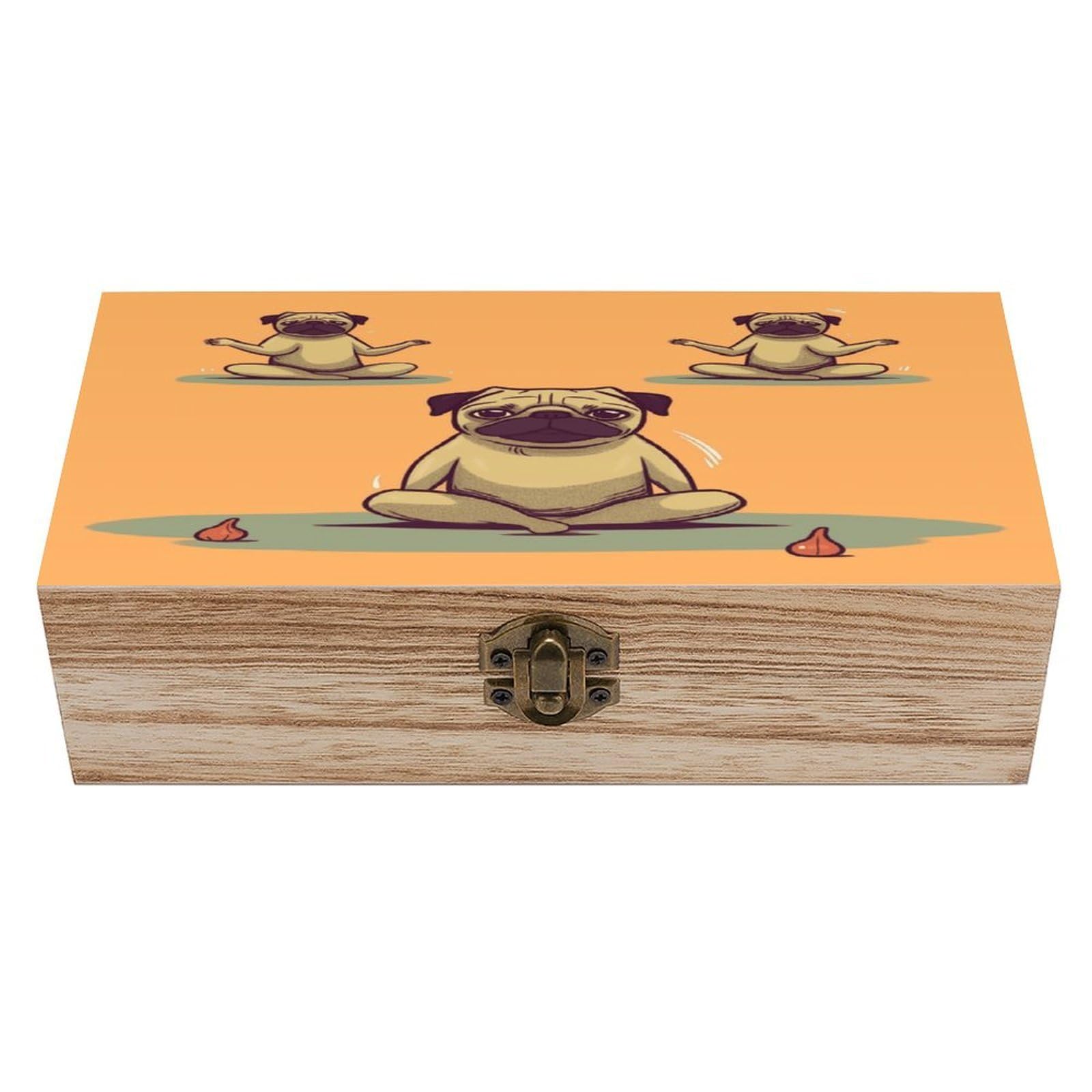 VstaDank Yoga Pug Wooden Storage Box Decorative Jewelry Case with Lids Exquisite Wood Box Letters Gifts Acacia Wood Boxes Fashion Wooden Keepsake Boxes for Men Women