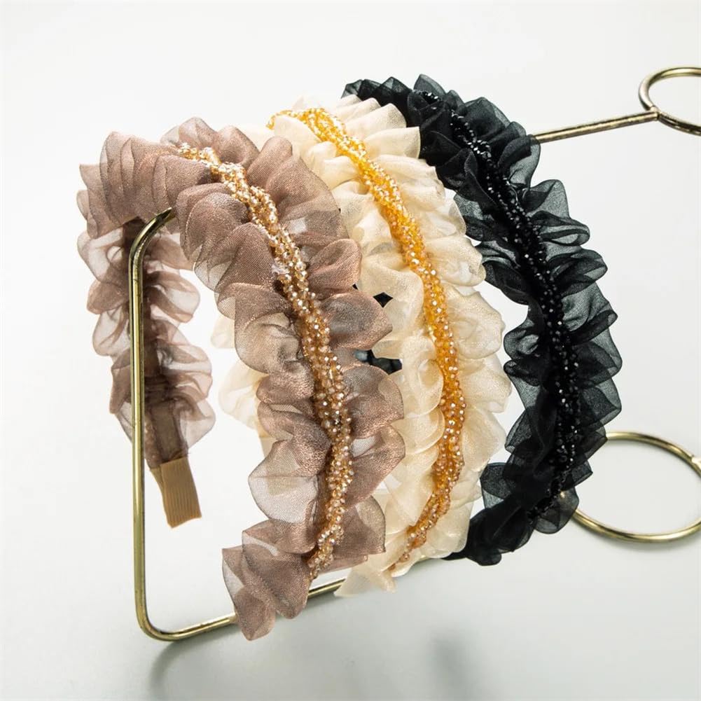 Diadema trenzada, diademas, mujeres niñas Organza plisada ala ancha banda for el cabello trenza con cuentas diadema fiesta bandas for la cabeza(Light Coffee)