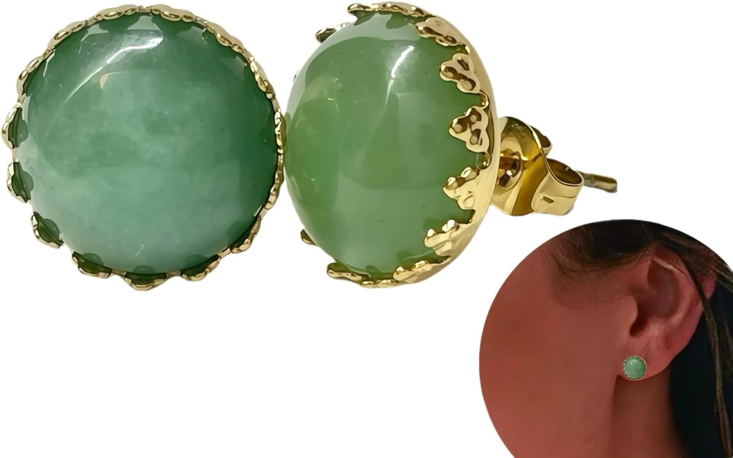 Natural Jade Stud Earrings Crown Setting 12mm, Gold-Plated Stainless Steel Hypoallergenic, Genuine Round Green Gemstone, Jade Jewelry Gifts for Women Girls