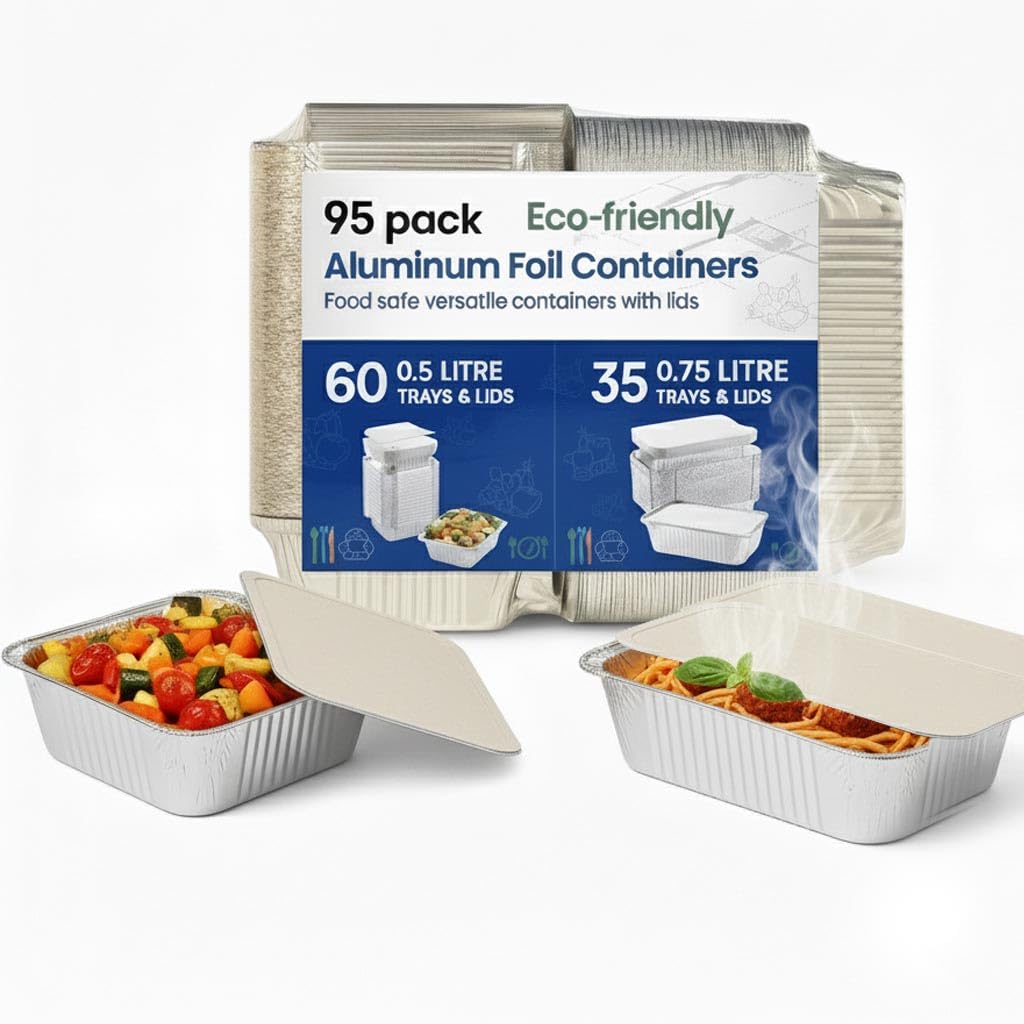 HOMESmith Confezione da 95 vassoi in alluminio con coperchio, contenitori resistenti e grandi, per cibo da asporto, usa e getta, con coperchio, dimensioni miste (65 × 0,5 L + 30 × 0,75 L)