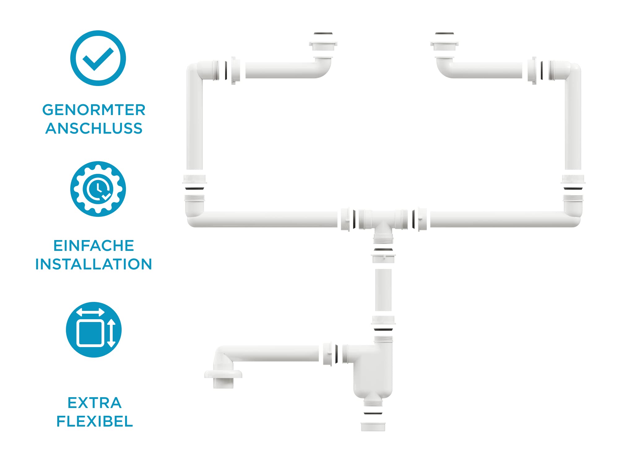 Aqua Bagno Sifón de ahorro de espacio para lavabo, sifón para muebles, ahorro de espacio, sifón plano, baño, flexible, ajustable, G 1 1/4 pulgadas, DN32, doble lavabo