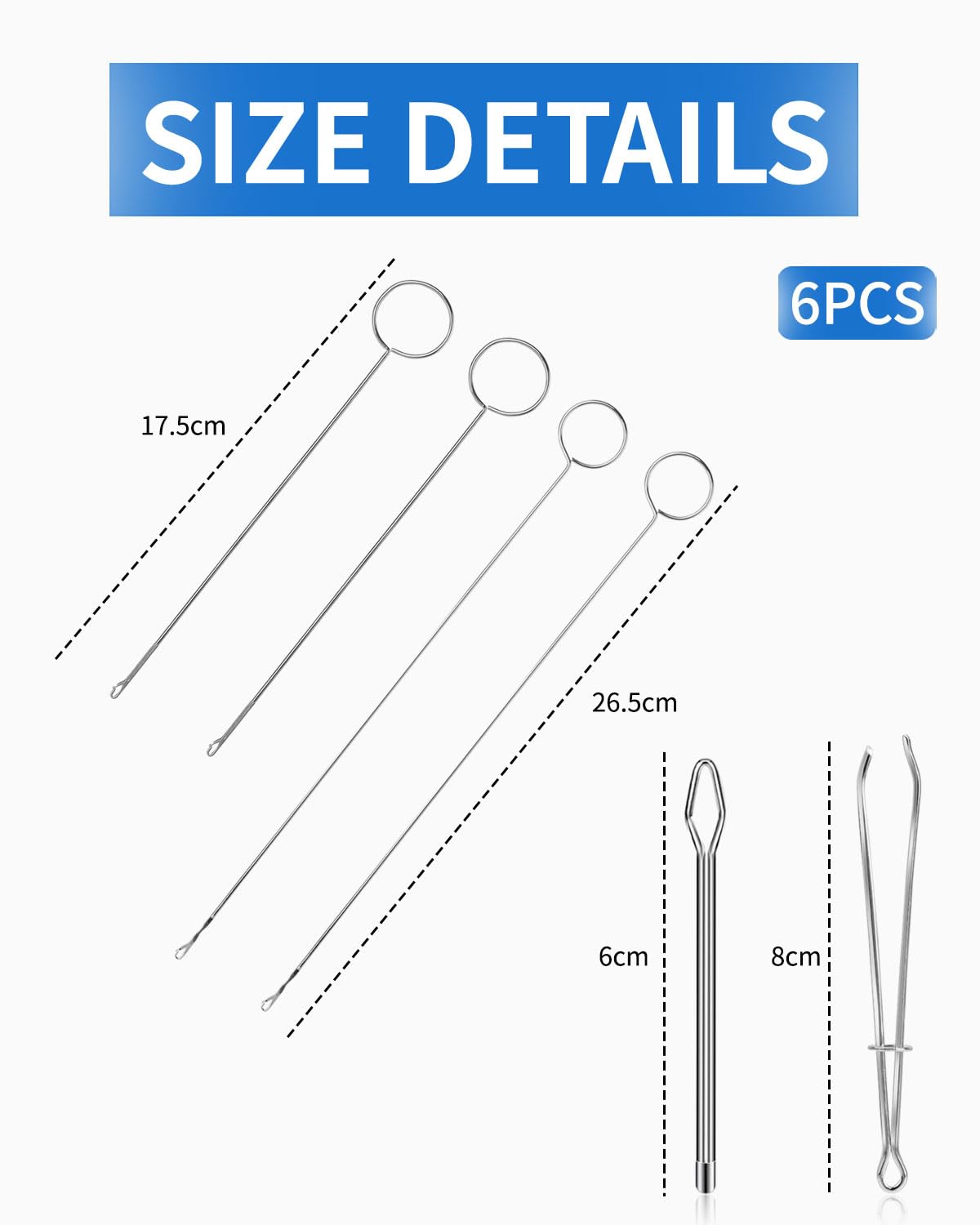 Nähschlaufen-Wendehaken Set, 3 Stück | Metall-Drehhaken Mit Riegel Zum Wenden Von Stoffschläuchen | 26,5 Cm Lang, Edelstahl