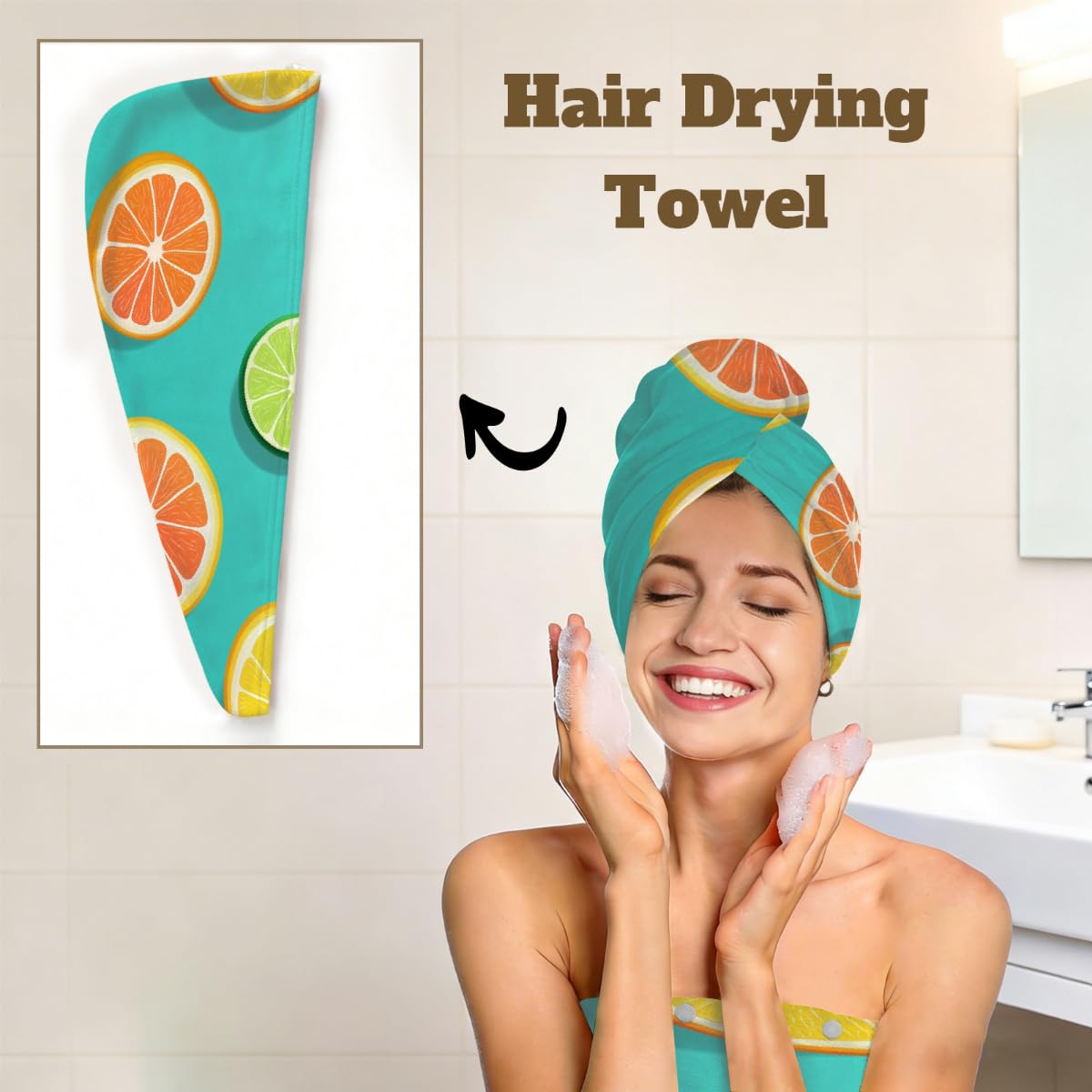 2 Sets Mikrofaser-Duschtuch mit Haarhandtuch, Zitrusscheiben, Grapefruit, weiche Körperwickel, Kleid mit Haartrocknungskappe für Strand, Pool, Spa