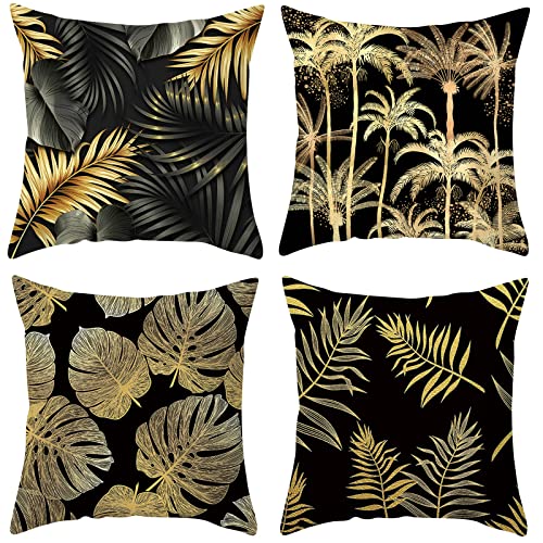 Kissenhüllen 50x50, Sofakissenbezüge Modern Luxus Kissenbezug Schwarz Gold Palme Monstera Kokosnussbaum Blatt Pillow Case Polyester für Couchkisse Cover
