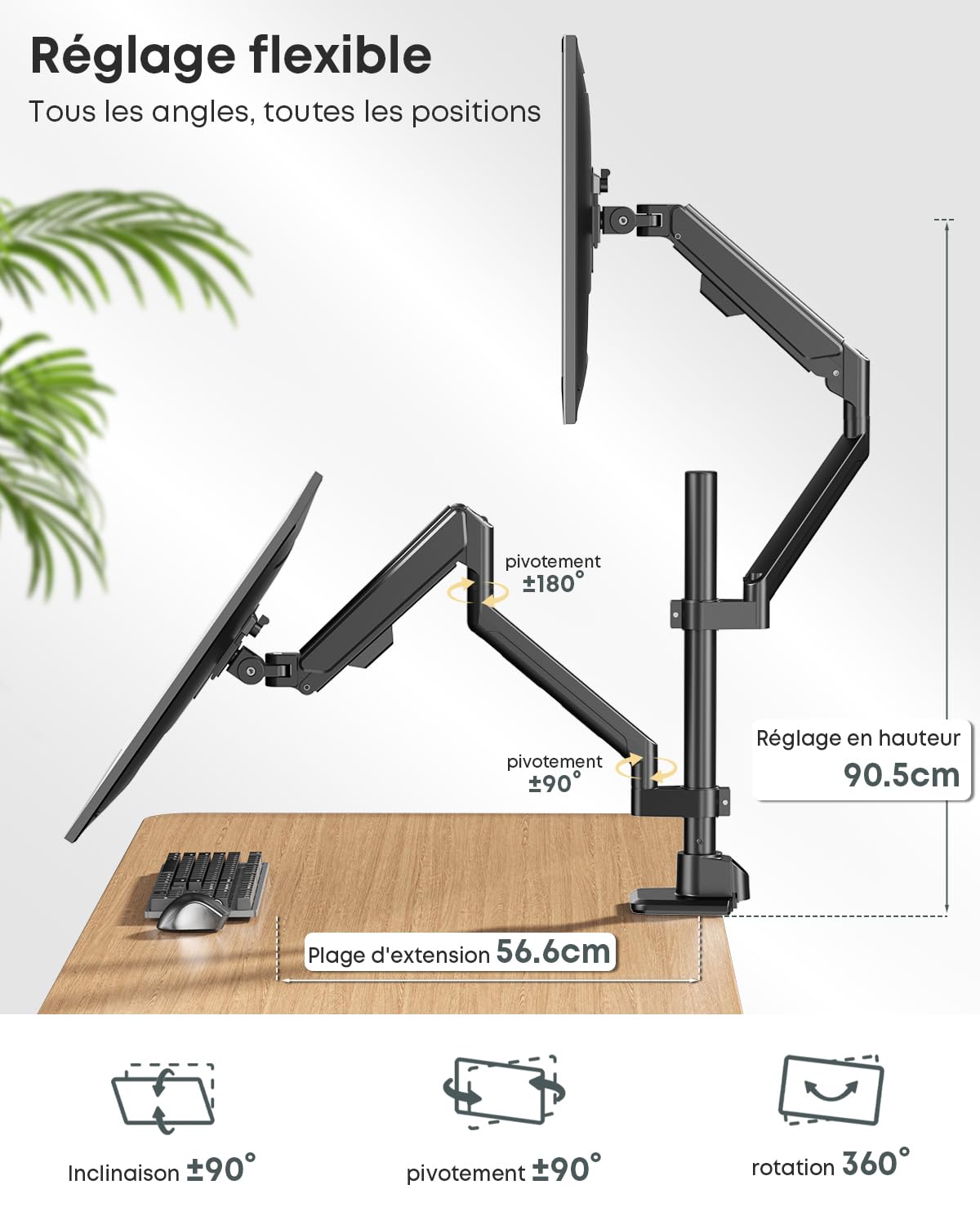 Double Bras pour écrans 17-40 Pouces, à gaz, Mouvement Complet | Design ergonomique, alignement précis, stable & robuste, gain de place, 12 kg par bras, VESA 75/100, Noir