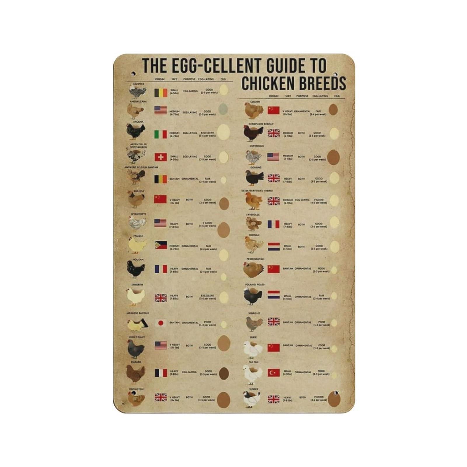 AOOEDM The Egg-Cellent Guide to Chicken Breed Vintage Tin Sign Metal Tin Signs for Man Cave Funny Art Wall Plaque Kitchen Bar Pub Coffee Shop Wall Decor