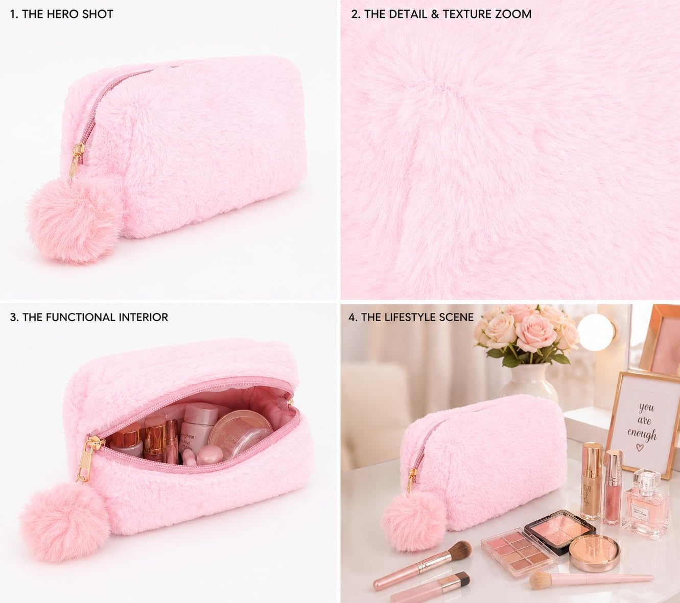 Sanjis Enterprise Small Fur Cosmetic Bag, Elegant Makeup Bags,Lipstick Pouch,Zipper Pouch,Great Gifts for Women,Travel Toiletry Bag Accessories Organizer Gifts (Pink) 2
