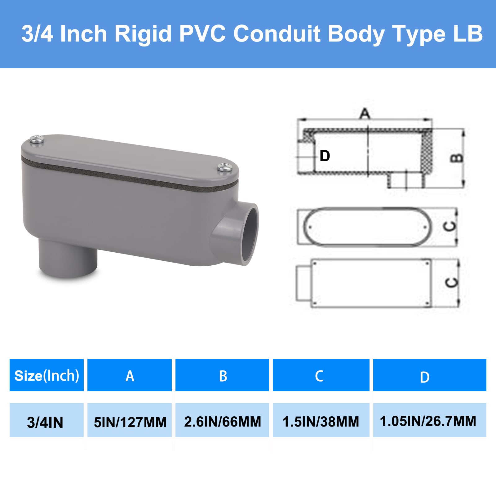 4Pack 3/4 Inch Rigid PVC Conduit Body Type LB, Slip x Slip PVC Conduit Bodies LB Type with Cover and Gasket, Gray — Amazon image 3