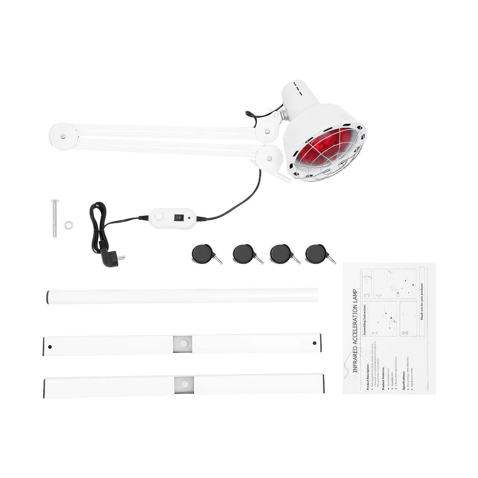 Lámpara infrarroja de 275 W, lámpara de luz roja infrarroja, rotación de 360°, lámpara de infrarrojos independiente, lámpara de calor con trípode de suelo y ruedas, para aliviar la fatiga
