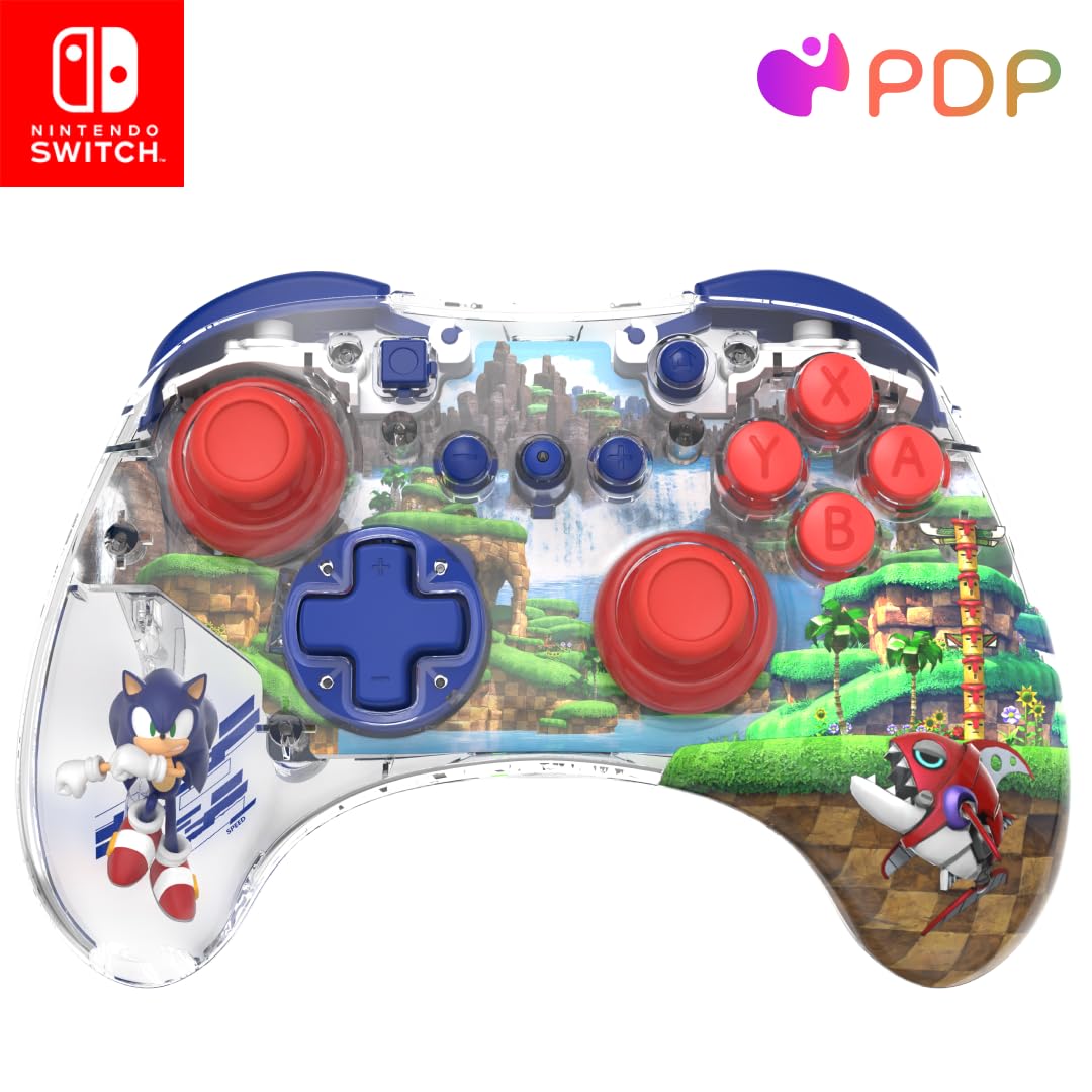 PDP REALMz™ Wireless Nintendo Switch Pro Controller, Customizable LED, 40 Hour Rechargeable Battery Power, 30 Foot Connection, Officially Licensed by Nintendo and SEGA: Sonic Superstars (Sonic Green Hill Zone)