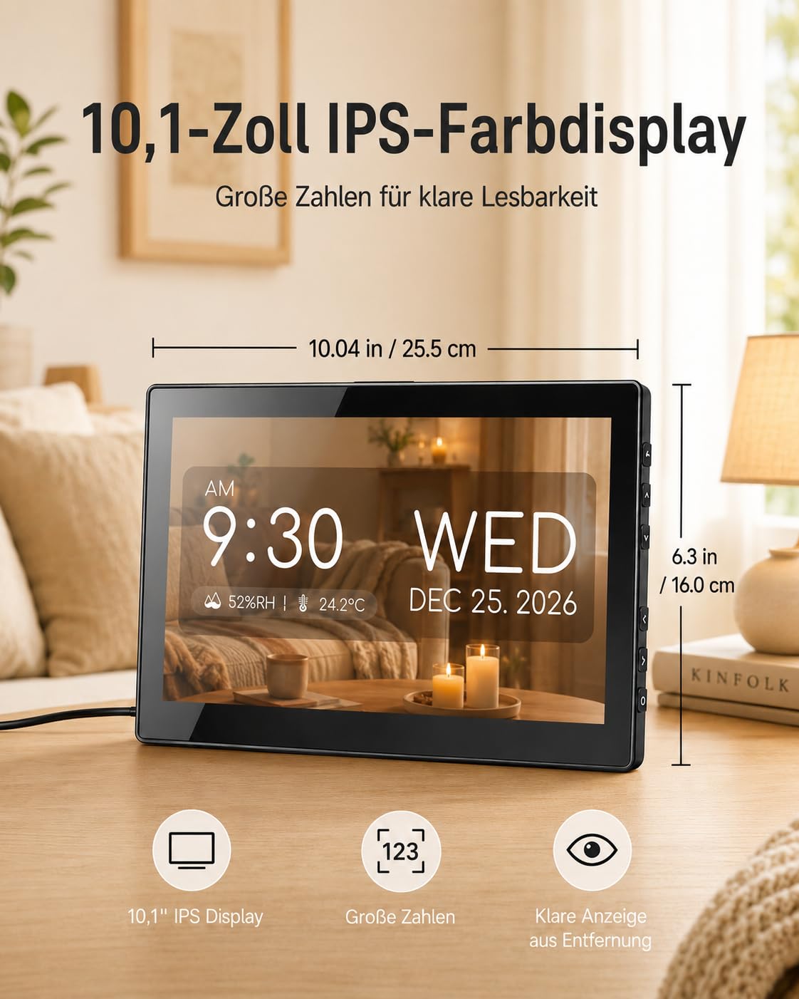 Roxicosly 10.1' Digitaler Kalender, Digital Uhr mit 20 Alarmen & Erinnerungen, 12 Themen, 12/24HTemperatur & Luftfeuchtigkeit, Dimmbar & 6 Sprachen, USB & SD, Wecker Digital für Senioren