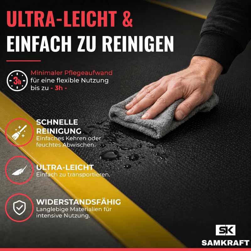 W1 Anti-Ermüdungsmatte 9,5 mm – Ergonomische Arbeitsplatzmatte aus hoch elastischem Schaum – Industriematte für Steharbeit, Werkstatt, Kasse & Büro – Schwarz/Gelb – 91 cm x 300 cm