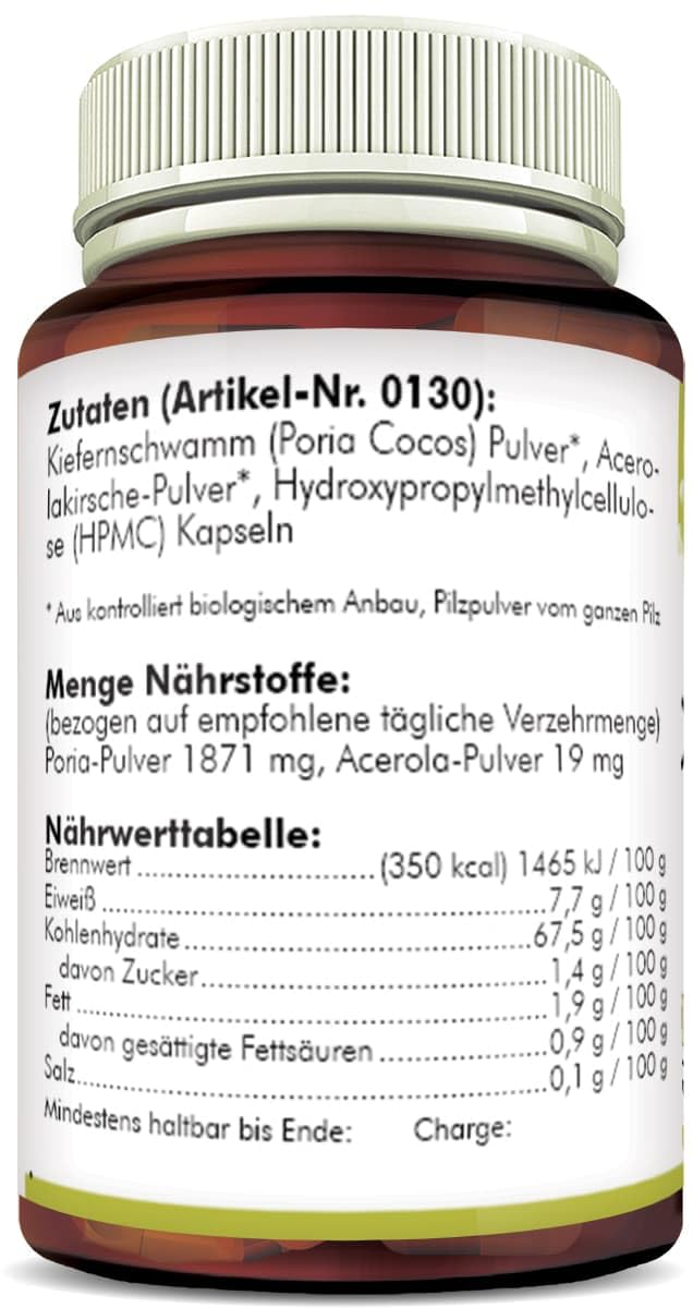 Poria Cocos Pilzpulver-Kapseln | Superfood vegan | 90 Pilzpulver-Kapseln je 750mg Pulver