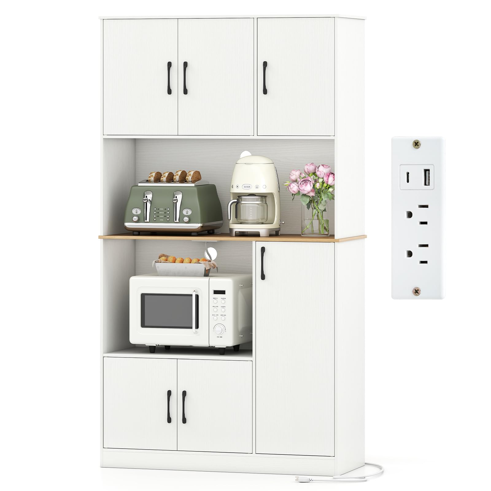 Giantex Kitchen Pantry Cabinet, 71" Kitchen Hutch with 4 Storage Cabinet, Built-in Power Outlet, Wooden Microwave Stand with Large Countertop, Modern Tall Cupboard for Dining Room, Coffee Bar, White