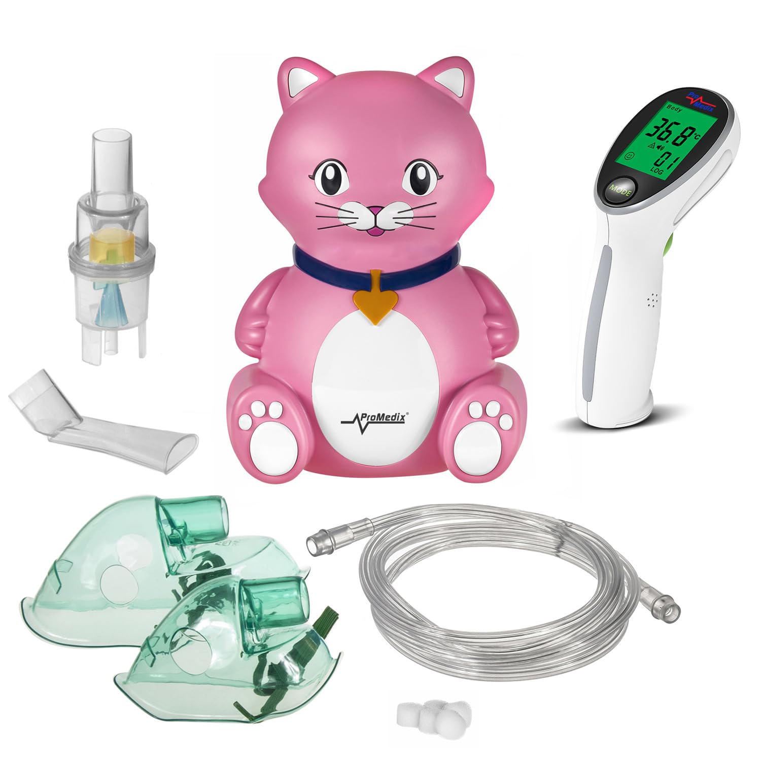 Set de Inhalador y Termómetro Infrarrojo para Niños | Inhalador Silencioso para la Familia | Diseño Adaptado a los Niños, Incluyendo Mascarillas para Niños y Adultos (Gato)