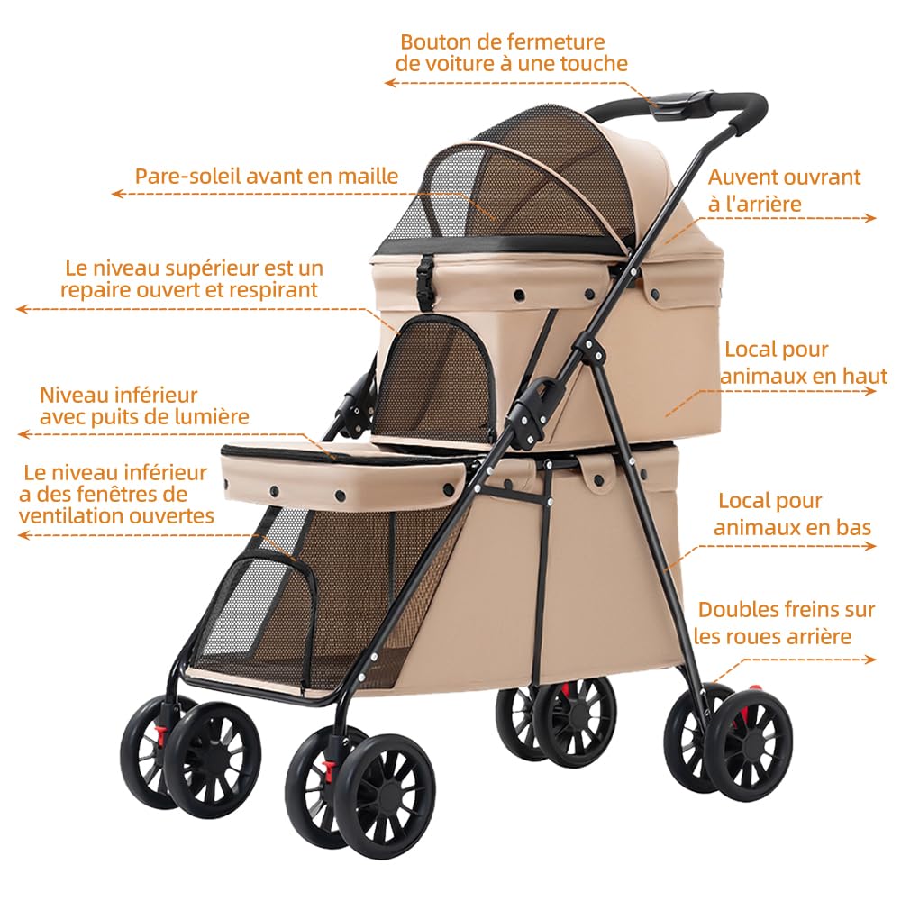Double Couche Poussette pour Chien Chat Animaux, Animaux Voyage Poussette, Pliable Chien Chat À Quatre Roues Chariot, avec Ventilation et Freins (Marron, 50x67x95 cm/double couche)