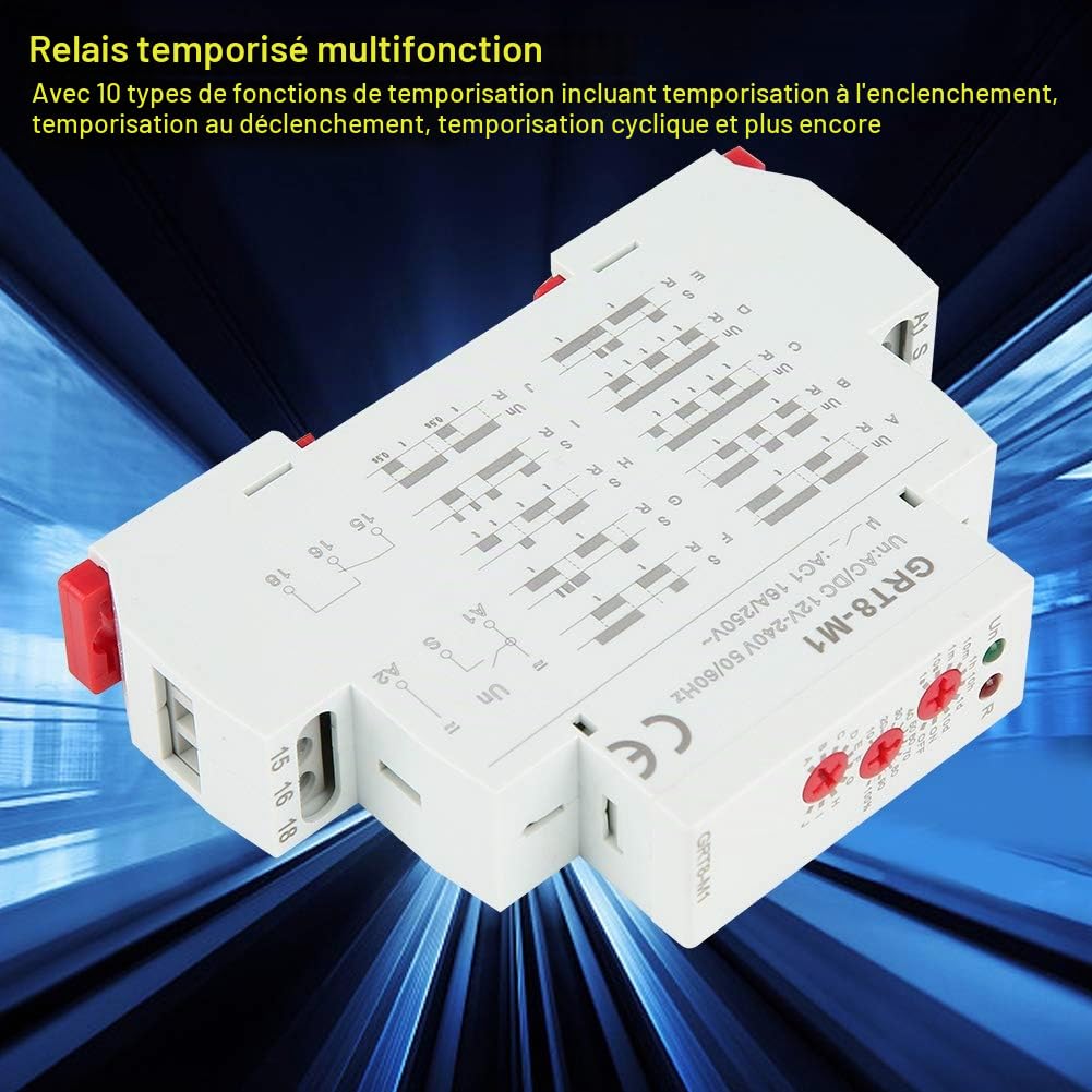 Jadeshay Relais Temporisé 12V GRT8-M1 Relais Temporisé Multifonctionnel avec 10 Fonctions Montage sur Rail DIN AC/DC 12V ~ 240V