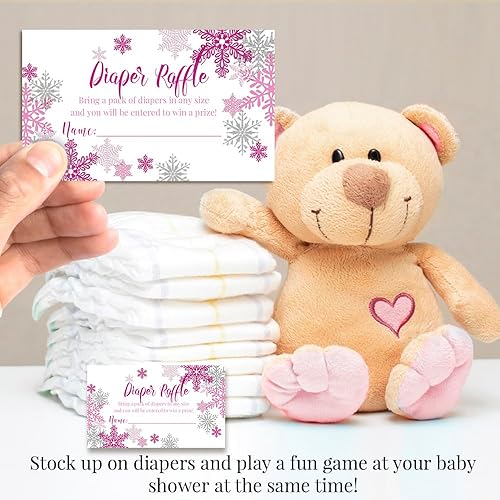 Miniatura 3 de AmandaCreation - Boletos para rifas de pañales de copo de nieve rosa y plateado para baby showers, 20 tarjetas de inserción de doble cara de 2 x 3