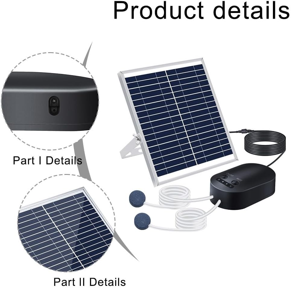 15W Solar Oxygen Pump with 4400mAh Battery Backup, Adjustable Panel and Air Stone for Fish Tank Aerator in Bird Baths and Small Ponds