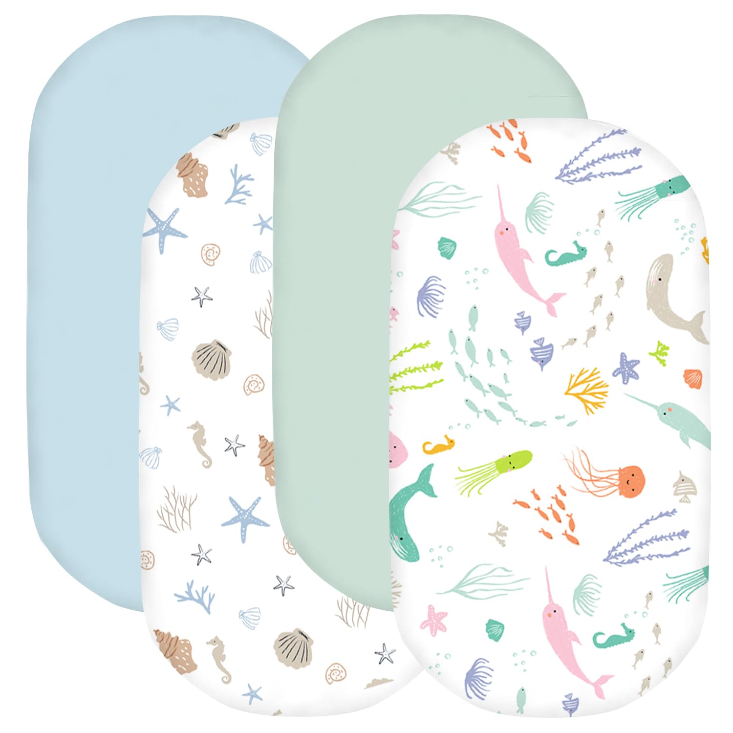 Moses Basket Sheets, Newborn Pram Sheet Fitted for Baby Boy and Girl, Crib Baby Bassinet Sheet, Ocean World, Mint, Shell & Shell Blue