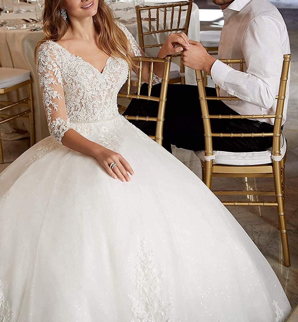 Robe de mariée longue ligne A Princesse Robe de mariée Femme Dentelle Stand Plage Mode de mariée avec manche