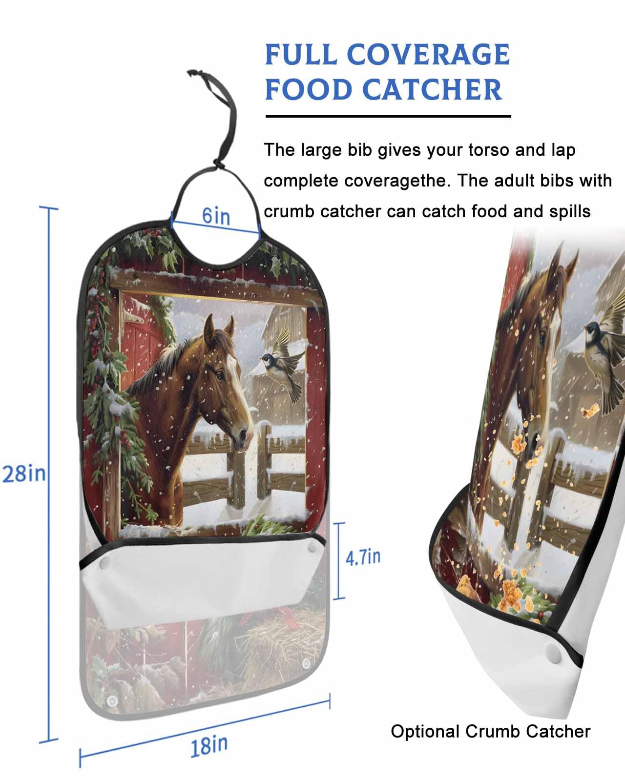 Christmas Adult Bibs for Eating, Horse Xmas Wreath Red Farmhouse Washable Elderly Adult Bibs for Men Women Large Reusable Adjustable Clothing Protector with Optional Crumb Catcher