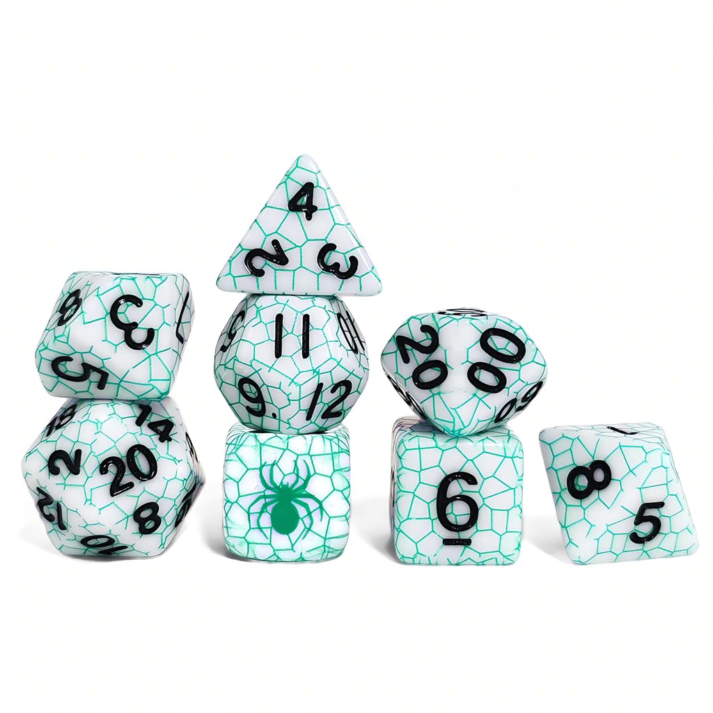 Spider Web Pattern Polyhedral Dice Set, 8 Pieces, Multiple Colors Available, DND RPG Gaming Dice with Spider Design (Green)