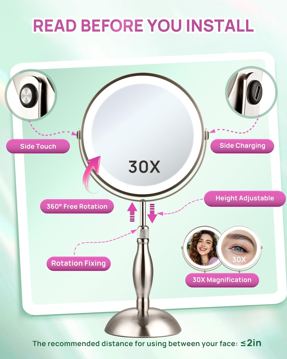 Espejo de aumento de 30 aumentos con luces, espejo de maquillaje ajustable